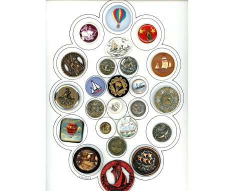24 S/M/L 19th &amp; 20th century assorted transportation buttons. This card includes sailing vessels and Hot air Balloons, al