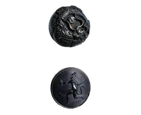 2 Medium late 19th century examples including a scarce devil. This small card of 19th century black dyed pictorial horn butto