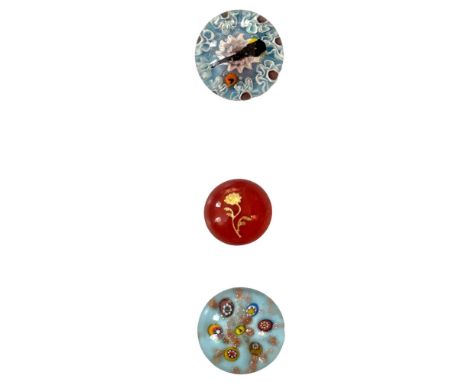 3 Small 20th century paperweight glass buttons. Here we have three nice examples of miniature paperweights including pictoria