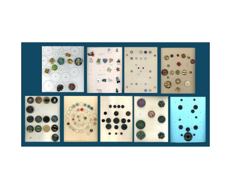 9 Cards filled with a variety of materials including Ceramics. This lot includes several porcelain and pottery buttons along 