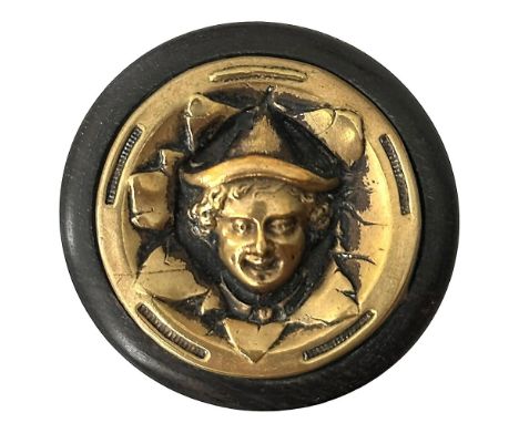 1 Large 19th century dark wood and brass head button. The brass head mounted in this wood base is highlighted by the dark sta