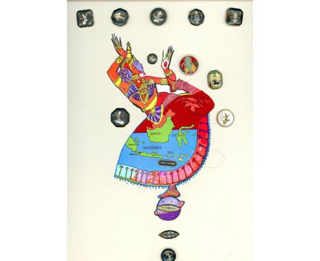 14 Small &amp; Medium 20th century buttons including Deccan. This card decorated by the late Alice Mucha of the Bronx include