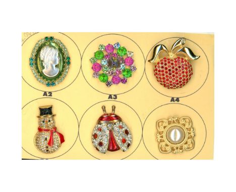 6 Large 20th C. colorful "Jeweled" buttons including realistic. This flashy and "Glitzy" selection includes a wonderful snowm
