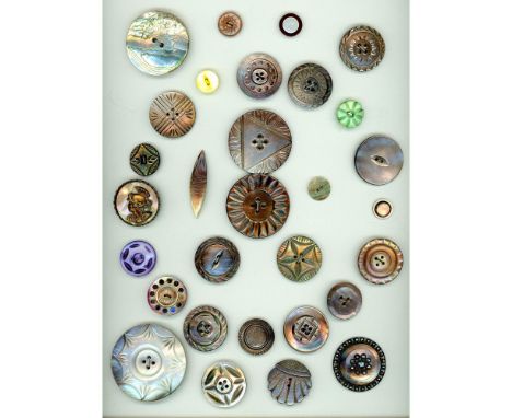 30 S/M/L 19th century buttons of smokey pearl. This card includes a large variety of techniques on smokey pearls including en