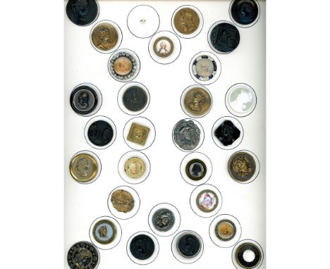 29 Medium late 19th &amp; early 20th century head buttons. This card includes paintings under glass, litho's, black glass, ho
