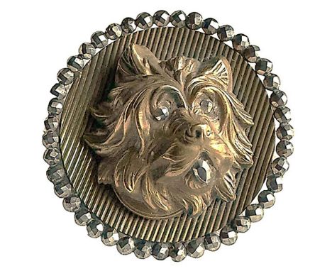 1 Extra large 19th century three piece button with great detail. This high relief terrier dog head in brass is accented with 