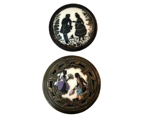 2 Large early 20th C. figural colored porcelain buttons in metal. Here we have two very nice but different examples of hand c