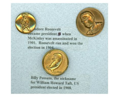3 Medium size early 20th century commemorative buttons. This lot includes a detailed large medium of Teddy Roosevelt, a scarc