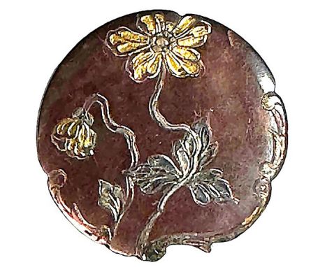 1 Large 19th century button with silver and gold gilt. This gorgeous Art Nouveau flowing designed smokey and engraved pearl b