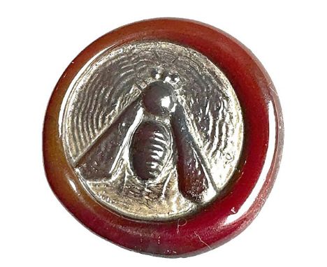 1 Medium 20th C. Red glass &amp; silver luster fly button. Bimini glass buttons have become quite the rage in the past 10-20 