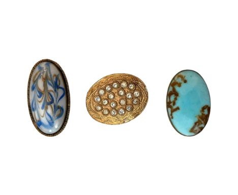 3 Large 19th and 20th century glass in metal buttons. Here we have three different ovals. One is a beautiful intermixed blue 