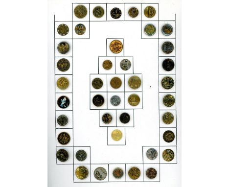 42 small size 19th century buttons In a variety of pictorials. Take a good close look at the nice variety of subject matter f