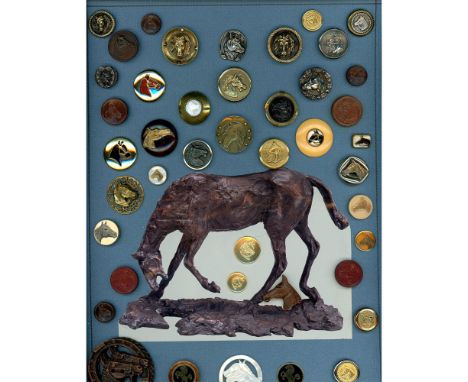 43 S/M/L 19th &amp; 20th century buttons specialized to horses. This card decorated by the late Alice Mucha of the Bronx incl