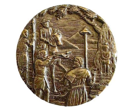 1 Large 19th century picture button with William Tell. This finely detailed button depicts three men along with a 4th on hors
