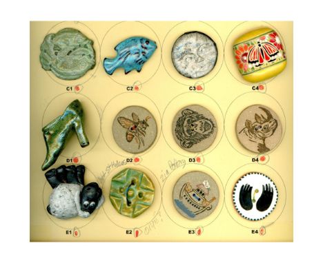 12 Large 20th &amp; 21st century pottery buttons including Golem. This nice card includes a fun fabric OME sheep, a nice squa