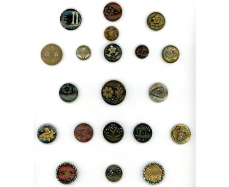 20 Mostly medium 19th century examples specialized to TOLE. This card is specialized to buttons with Tole work on them Some a