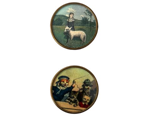 2 Large 20th century colored paper under glass. Here we have two charming buttons. One shows a young girl walking her sheep, 