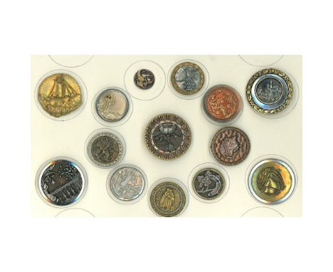 14 S/M/L 19th century assorted metal pictorial buttons. This lot includes ships, architectural, plant life, people and more. 