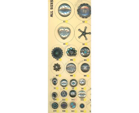 22 S/M/L 20th century Southwest Indian silver buttons. This partial card of American Indian silver buttons includes a nose va
