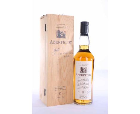 ABERFELDY AGED 15 YEARS FLORA & FAUNA
Highland Single Malt Scotch Whisky. Bottle and box signed by distillery manager Brian B