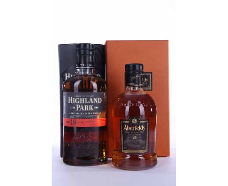 HIGHLAND PARK AGED 18 YEARS
Highland Single Malt Scotch Whisky. 70cl, 43% volume, in tube.  
ABERFELDY AGED 21 YEARS
Highland