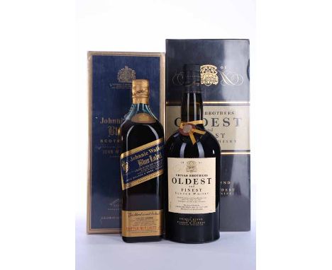CHIVAS BROTHERS OLDEST AND FINEST
Blended Scotch Whisky, 1litre, 43% volume, in box.
JOHNNIE WALKER BLUE LABEL
Blended Scotch