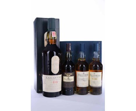 LAGAVULIN AGED 16 YEARS
Islay Single Malt Scotch Whisky. 70cl, 43% volume, in carton. 
TALISKER 3x20cl PACK
Consists of three