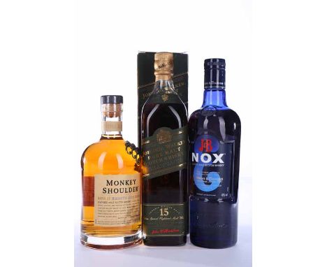 JOHNNIE WALKER PURE MALT 15 YEARS OLD 'GREEN LABEL'
Blended Malt Scotch Whisky. 70cl, 43% volume, in carton. 
MONKEY SHOULDER