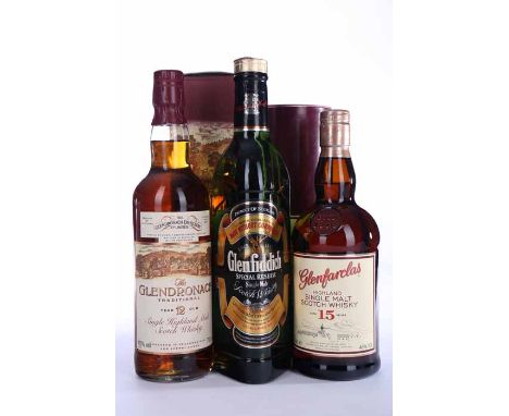 GLENDRONACH TRADITIONAL 12 YEARS OLD
Highland Single Malt Scotch Whisky 70cl, 40% volume, in carton. 
GLENFARCLAS AGED 15 YEA