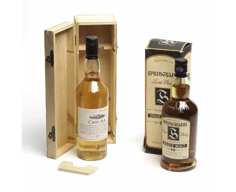 CAOL ILA AGED 15 YEARS FLORA & FAUNA
Islay Single Malt Scotch Whisky. 70cl, 43% volume, in wooden box. 
SPRINGBANK AGED 10 YE