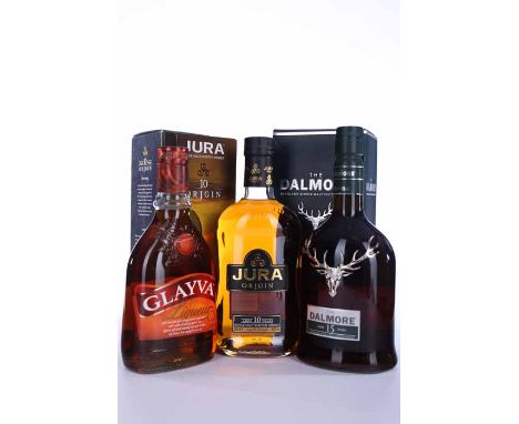 DALMORE AGED 15 YEARS
Highland Single Malt Scotch Whisky. 70cl, 40% volume, in carton. 
JURA ORIGIN AGED 10 YEARS
Highland Si