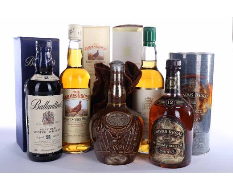 ROYAL SALUTE 21 YEAR OLD  BROWN FLAGON 
Blended Scotch Whisky, 262/3 fl.oz., 70° Proof , in brown Wade ceramic flagon and vel