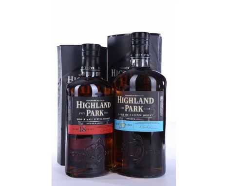 HIGHLAND PARK AGED 18 YEARS
Highland Single Malt Scotch Whisky. 70cl, 43% volume, in tube. 
HIGHLAND PARK AGED 16 YEARS
Highl