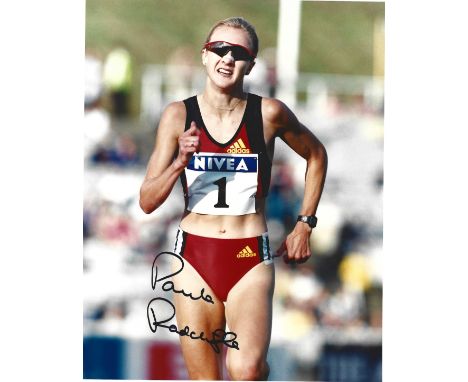 Athletics Paula Ratcliffe signed 10x8 colour photo. Paula Jane Radcliffe MBE (born 17 December 1973) is a former British long