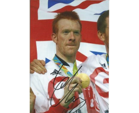 Olympics. Ed Clancy signed 6x4 colour photo. British triple gold olympic medalist in the Cycling Team Sprint Cycling event at