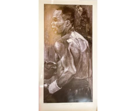 Boxing Sugar Ray Leonard signed 26x47 lithograph limited edition to 500 prints also signed by the artist Stephen Holland. Goo