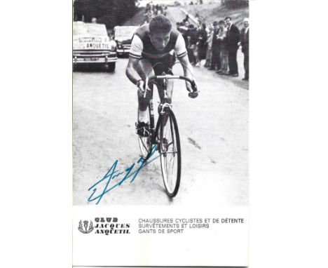 Cycling. Jacques Anquetil signed 7x5 black and white advertising card. Jacques Anquetil was a French road racing cyclist and 