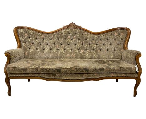 Late 20th century French design beech framed three-seat settee, shaped back carved with carved central cartouche and extendin