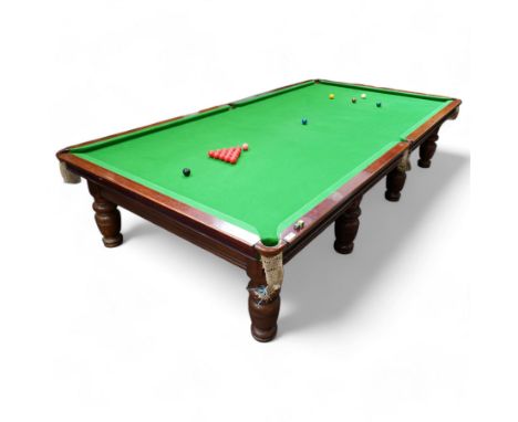 Riley - early 20th century full-sized mahogany billiards or snooker table, on eight turned baluster supports, with cue rack, 