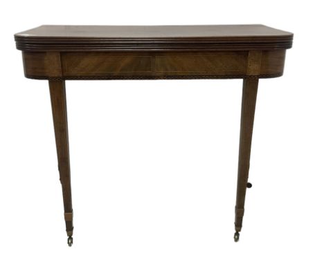19th century mahogany tea table, fold-over top with reeded edge over inlaid frieze, on double gate-leg action square tapering