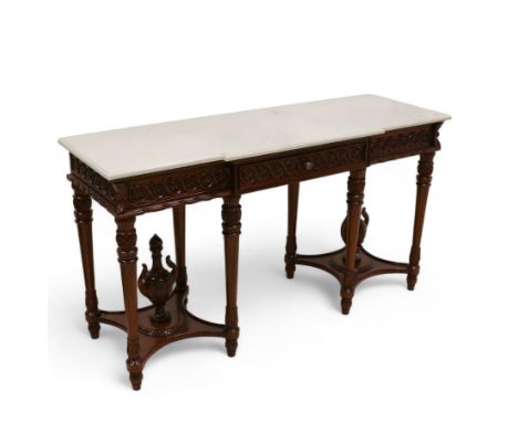 Regency design carved mahogany breakfront console table, white veined marble topDimensions: Height:&nbsp;83cm&nbsp; Length/Wi