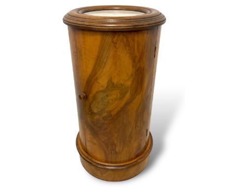 Victorian design walnut cylinder pot cupboard, white marble top in moulded circular frame, single door enclosing shelf, on mo