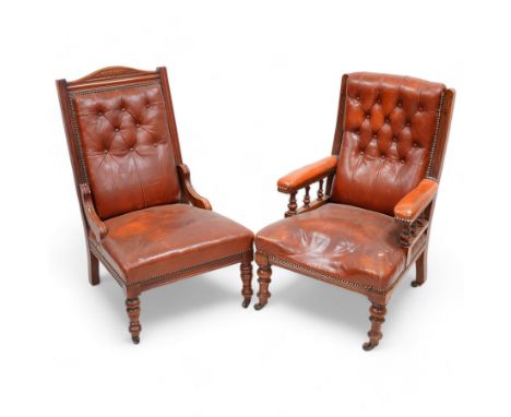 Late Victorian walnut matched two-piece salon suite upholstered in rust buttoned leather - open armchair, reed moulded frame 