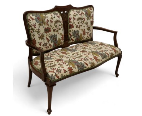 Edwardian mahogany framed two seat settee, upholstered in cream foliate fabricDimensions: Height:&nbsp;93cm&nbsp; Length/Widt