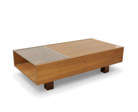 Teak finish console coffee table, glazed magazine shelf, solid sliding top revealing open compartmentDimensions: Height:&nbsp