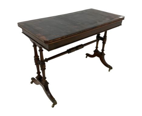 Regency rosewood card table, fold-over swivel action rectangular top with crossbanding, single frieze drawer, raised on turne