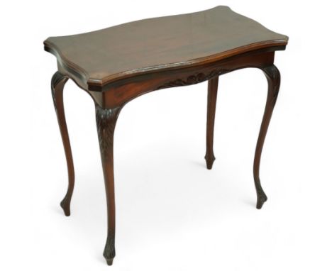 Victorian mahogany card table, shaped and moulded fold-over swivel top, opening to reveal baize playing surface, scrolled aca