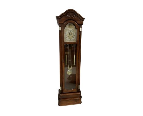 20th-century month going mahogany longcase clock - with a double arched pediment and full length glazed door with visible dum