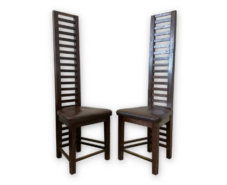 In the manner of Charles Rennie Mackintosh - contemporary pair of oak high ladder back hall chairs, on square supports united