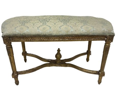 French Louis XIV design giltwood framed bench or window seat, sprung seat upholstered in pale blue foliate damask fabric with